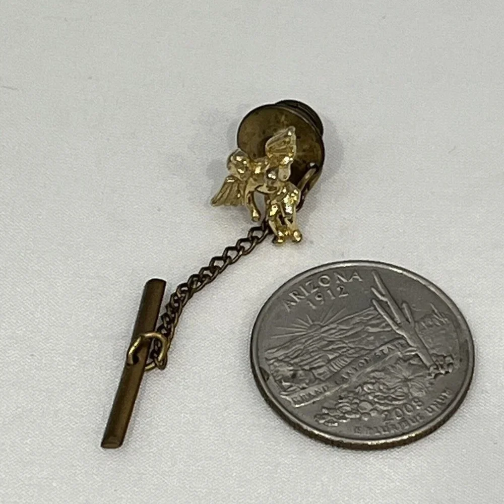 Vintage Gold Tone Winged Angel Tie Tack With Chain Guardian Angel Cherub - Picture 10 of 11